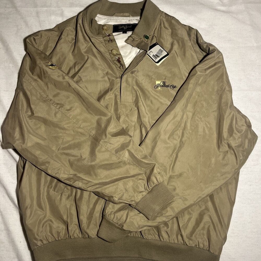 NWT Vintage 90s Bobby Jones Presidents Cup Golf Jacket Silk Tan Placket Men's M